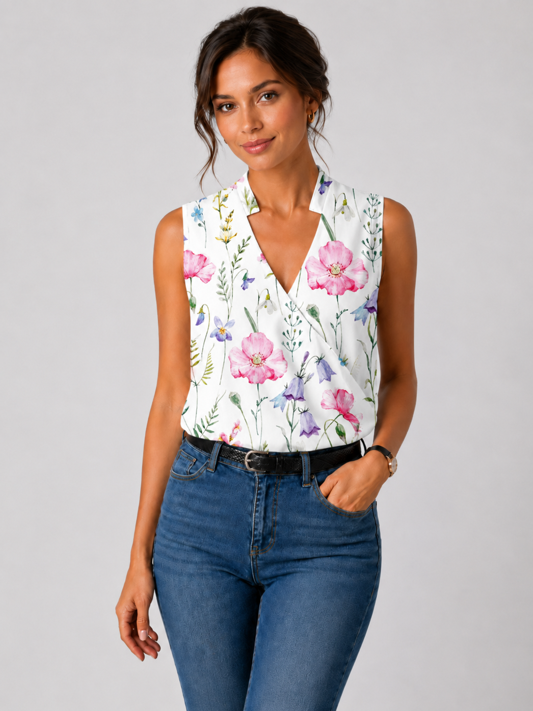 Women’s Sleeveless Wrap Blouse with V-Neck