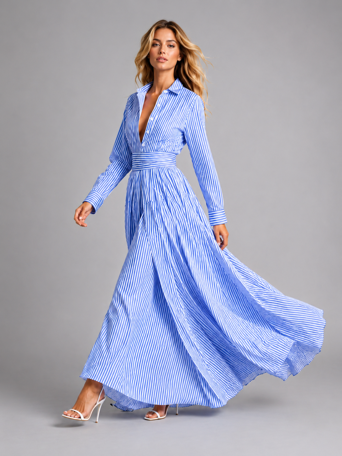 Women’s Striped Maxi Shirt Dress with Cinched Waist