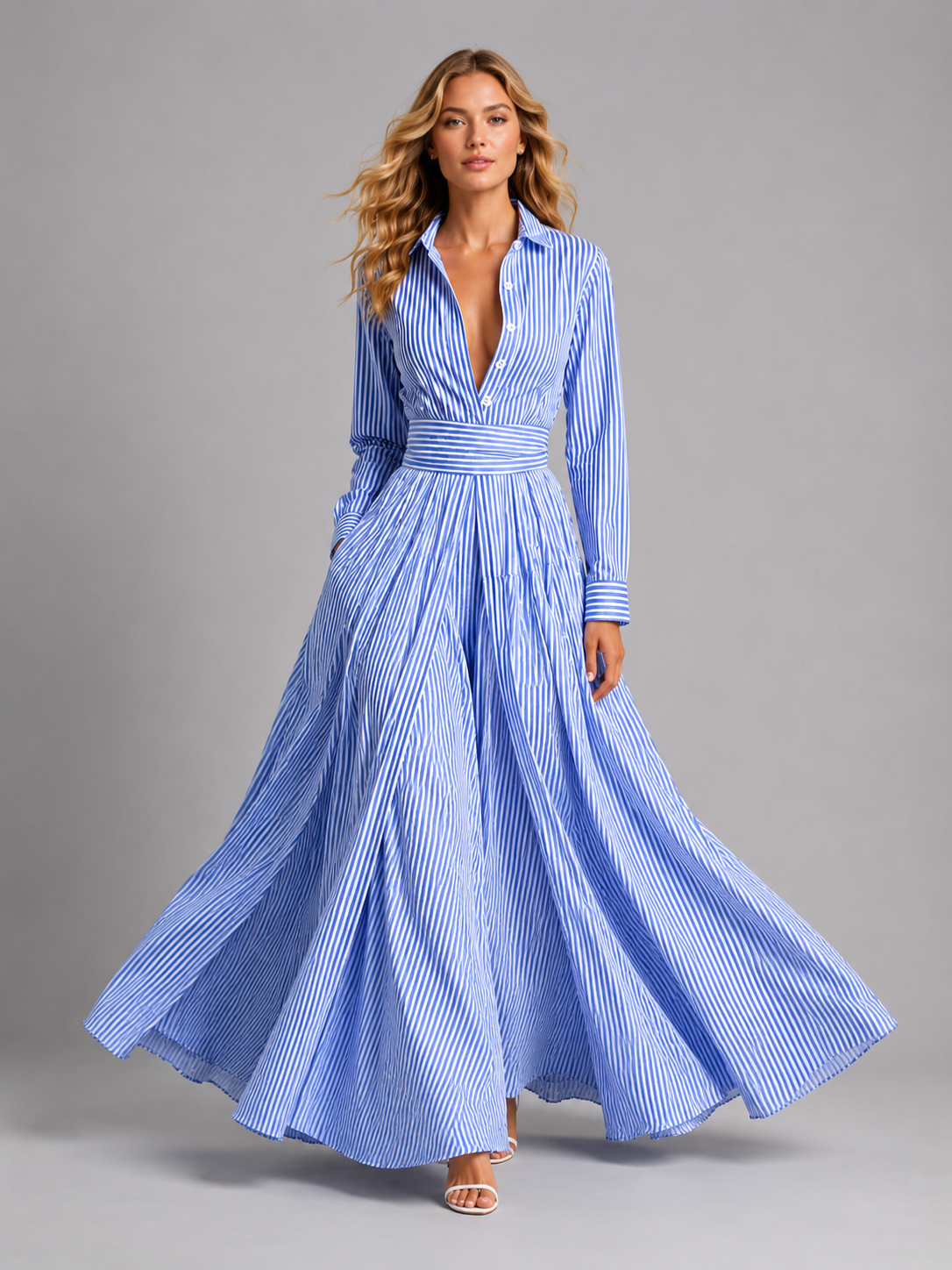 Women’s Striped Maxi Shirt Dress with Cinched Waist