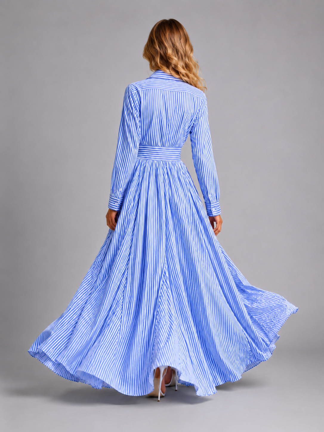 Women’s Striped Maxi Shirt Dress with Cinched Waist