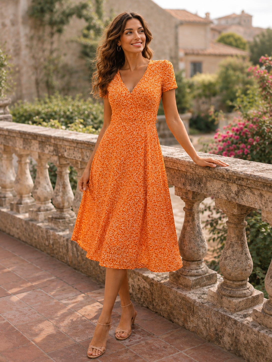 Women’s V-Neck Midi Dress with Printed Design