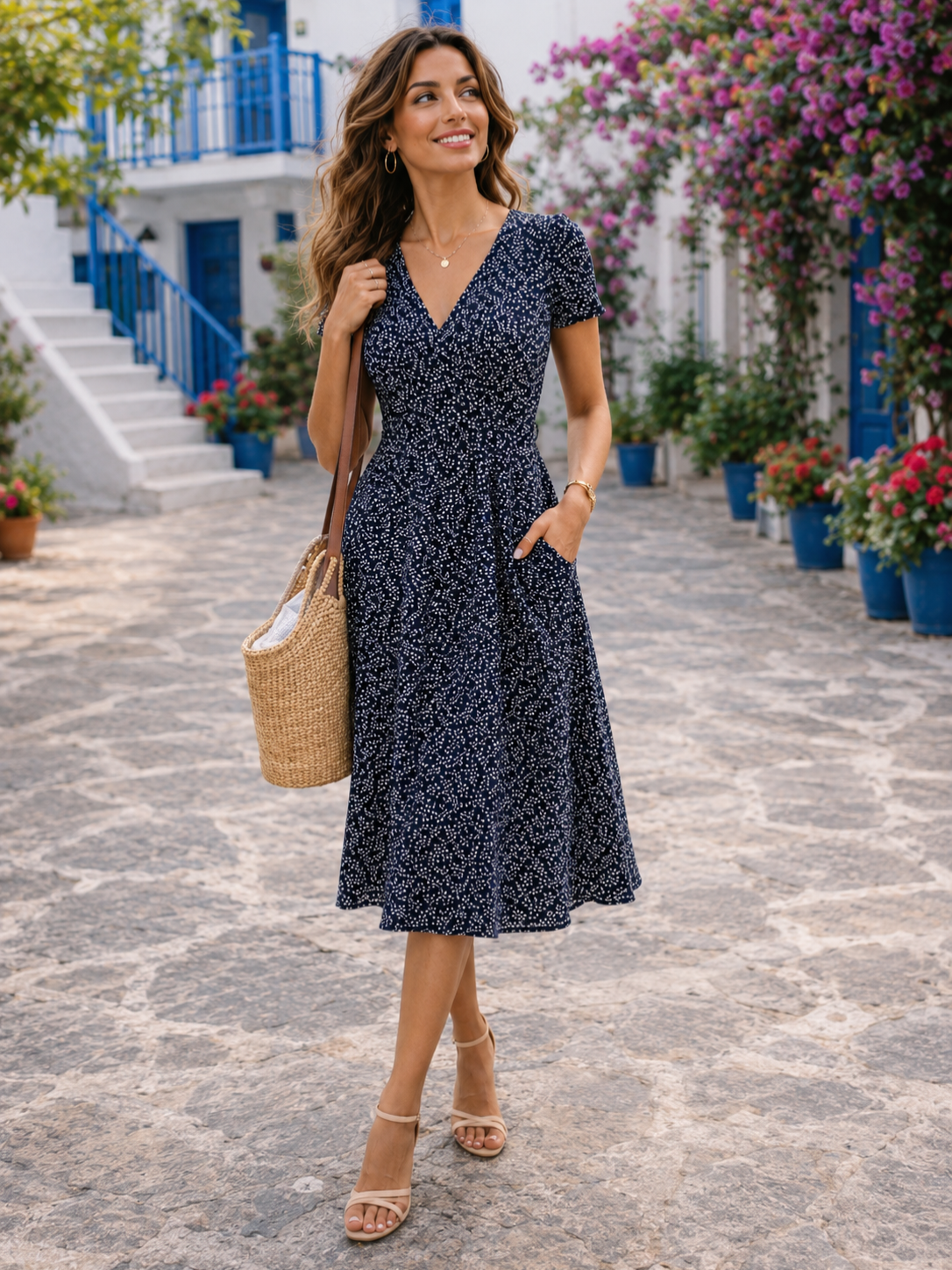 Women’s V-Neck Midi Dress with Printed Design